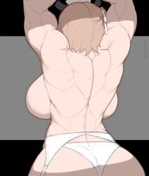 1girls ass back back_view backboob big_ass breasts brown_hair female female_only from_behind large_breasts medium_hair muscular muscular_female nimi_nightmare partially_clothed topless underwear vtuber zeph505