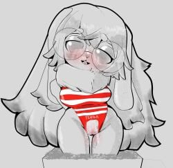 anthro aroused aroused_face aroused_smile big_breasts blush bodily_fluids box breasts buckteeth clothed clothing container eyewear female fur genital_fluids genitals glasses hair hi_res jampalanga lagomorph leporid long_hair mammal one-piece_swimsuit open_mouth pussy rabbit restricted_palette round_glasses simple_background solo steam swimwear teeth tenga thick_thighs tongue wide_hips