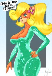 angry_expression angry_face antrhopomorphic bandicoot_girl big_breasts blonde_hair bodysuit coco_bandicoot crash_(series) crash_bandicoot dilane93 furry furry_female thick thick_thighs tight_clothing