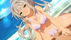 1boy 1girls anime_style areolae beach blush breasts completely_nude_female cowgirl_position cum cum_in_pussy female game_cg green_eyes grey_hair hazel_(sakura_succubus) large_breasts male nipples ocean paint painted_breasts penis ponytail pussy sakura_succubus sex smiling smug straddling uncensored vaginal_penetration vaginal_sex veiny_penis wanaca water winged_cloud