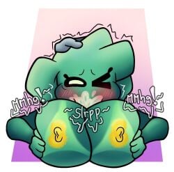 1boy 1boy1girl 1female 1girls 2d 2d_(artwork) 2d_artwork big_breasts blowjob blush blush_lines blushing_female brazilian brazilian_female breasts breasts_bigger_than_head cheek_bulge cum cum_in_mouth cumming ejaculation ejaculation_in_mouth fellatio female green_body green_hair green_skin hand_on_head holding holding_breast huge_breasts large_breasts male motion_blur motion_lines one_eye_closed onomatopoeia original_character paizuri paizuri_fellatio point_of_view pov simple_background slurp sucking sucking_off sucking_penis sucking_sound tan-skinned_female tan_body tan_skin tanline tanlines titfuck-blowjob titjob titjob_pov vhrox2 vhroxy_(character) yellow_areola yellow_nipples