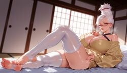 1girls ai_generated ass ayase_seiko balecxi bangs bare_shoulders barefoot bed bed_sheet bedroom blush breasts cardigan choker clavicle cleavage closed_eyes clothing curvaceous curvaceous_female curvaceous_figure curvy curvy_figure dandadan earrings eyewear feet female female female_focus female_only finger_to_mouth foot_focus futon gilf glasses hair_bun hair_ornament hair_stick halterneck huge_breasts indoors inviting inviting_to_sex jewelry large_breasts legs legwear light-skinned_female light_skin lips long_sleeves looking_at_viewer lying makeup mature mature_female milf mole nail_polish no_bra no_shoes off_shoulder on_bed parted_lips pillow ponytail presenting presenting_ass presenting_breasts presenting_hindquarters presenting_self seductive seductive_look seductive_smile shiny_skin shirt shouji shushing sitting sliding_doors smile soles solo stirrup_legwear sweat sweater tatami thick_thighs thighhighs thighs toeless_legwear toes voluptuous voluptuous_female white_hair white_legwear white_thighhighs window