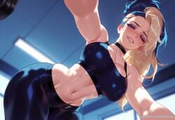 ai_generated akali akali_jhomen_tethi balecxi black_hair black_sports_bra blonde_hair blue_eyes blush choker cleavage female from_below indoors k/da_(league_of_legends) large_breasts league_of_legends long_hair looking_at_viewer multicolored_hair navel smile solo sports_bra stomach sweat teeth tight_clothes