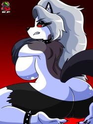 2022 3:4 absurd_res anklet annoyed anthro artist_logo artist_name ass big_breasts big_butt biped bottomwear bottomwear_down breasts camel_toe canid canid_demon canine claws clenched_teeth clothed clothing colored demon eyelashes feet female fur genital_outline glare gradient_background grey_body grey_fur grey_hair hair half-closed_eyes head_turned hellhound helluva_boss hi_res huge_breasts humanoid_feet jewelry logo long_hair looking_at_viewer looking_back loona_(helluva_boss) mammal mythological_canine mythological_creature mythology narrowed_eyes pants pants_down partially_clothed plantigrade pussy_outline raised_clothing raised_shirt raised_topwear red_sclera shirt side_boob simple_background sitting solo spread_legs spreading tail teeth text thick_thighs three-quarter_view toe_claws toes topwear under_boob vash_art white_body white_eyes white_fur wide_hips