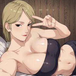 1girls ai_generated arm_support bare_shoulders black_eyes blonde_hair breasts cleavage female female_only indoors lazeai lipstick long_hair looking_at_viewer lying_on_bed lying_on_side makeup mature mature_female midriff naked naruto naruto_(series) naruto_shippuden nii_yugito nude nude_female pants peace_sign ponytail selfie smile solo solo_focus taking_selfie tied_hair tube_top uncensored voluptuous voluptuous_female