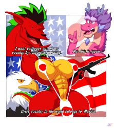 2025 2boys 2d 2d_(artwork) abs accipitrid accipitriform american_dragon:_jake_long anthro anthro_only asian asian_male avian bald_eagle bara barely_clothed big_muscles big_pecs big_penis bird blue_goatee blue_hair blue_horns blue_whiskers bobthetanuki bodybuilder buff butt_from_the_front claws comic country_mankini crossover curvy daddy dialogue digital_drawing_(artwork) digital_media_(artwork) dot_eyes dragon dragon_humanoid eagle eastern_dragon eight_pack english_text extrasizedbob facial_hair firearm flag furry gay goatee green_highlights grin grinning gun hair half-closed_eyes holding_gun holding_object horns humanoid hyper hyper_muscles hyper_pecs jake_long japan_flag japanese_flag long_(wish_dragon) low-angle_view male male_breasts male_focus male_only mankini meme moobs multicolored_body multicolored_fur multicolored_hair multicolored_scales muscular muscular_male mythological_creature mythological_scalie navel netflix nipple_outline nipples no_humans non-human pecs penis penis_exposed_on_mankini penis_outline penis_peek pink_body pink_fur pink_scales pose posing purple_hair red_body red_mankini red_scales rifle scales scalie scalie_humanoid smile smiling tail thick_thighs thighs thong tongue twitter_link two_tone_body two_tone_fur two_tone_hair underwear whiskers white_mankini wide_hips wish_dragon yellow_countershading