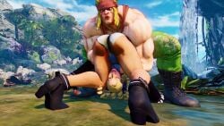 1boy 1girls 3d alex_(street_fighter) ass bare_legs blonde_hair bubble_butt camlethal capcom female karin_kanzuki male skirt street_fighter street_fighter_v tagme upskirt