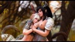 2girls black_hair black_hair_female breast_grab centaur centauress corset esqut exposed_breasts female female/female forest hand_on_breast hand_on_head holding_hands light-skinned_female light_skin outdoors taur white_hair white_hair_female woods