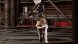 1boy 1girls 3d anon anonymous_male ass big_ass big_breasts breasts clothing face_in_ass female giantess light-skinned_female light_skin macro male micro nier nier:_automata ravenkinggts ripped_clothing short_hair size_difference thighhighs torn_clothes white_hair yorha_2b