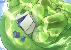 1girls belly blob cooooookin fat fat_female fat_fetish female food fridge green_slime immobile massive_belly monster_girl obese obese_female slime slime_girl ssbbw weight_gain
