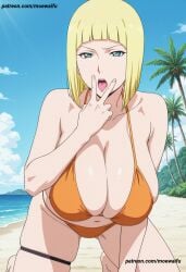 1girls ai_generated arm_support bare_arms bare_legs bare_midriff bare_shoulders bare_thighs beach big_breasts bikini bikini_bottom bikini_top blonde_hair blue_eyes blunt_bangs blush bob_cut breast_grab breasts breasts_bigger_than_head busty clavicle cleavage collar collarbone cunnilingus_gesture embarrassed female female_only front_view gesture grabbing_own_breast highleg highleg_bikini horizontal_navel huge_breasts inviting_to_sex large_breasts light-skinned_female light_skin mature mature_female midriff milf moewaifu974 naruto naruto_(series) naruto_shippuden navel oblique_edge ocean oppai oral_invitation orange_bikini pinup revealing_swimsuit sagging_breasts samui sand seaside short_hair skimpy skimpy_bikini smile solo solo_focus swimsuit tagme thick_thighs thighs upper_body url viewed_from_below voluptuous voluptuous_female watermark web_address yellow_hair