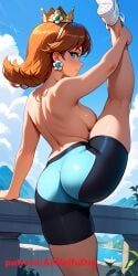 ai_generated aiwaifudesings ass bike_shorts crown earrings female leg_up looking_at_viewer naughty_face nintendo outdoors patreon_username smile super_mario_bros. topless topless_female