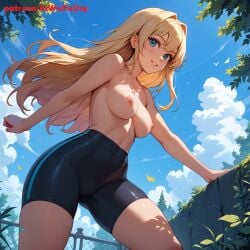 ai_generated aiwaifudesings bike_shorts blonde_hair blush female long_hair looking_at_viewer outdoors patreon_username smile solo standing
