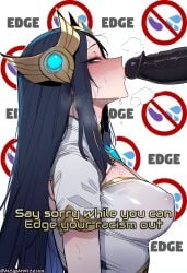 1boy 1girls ai_generated black_hair blue_eyes blush dark-skinned_male dark_penis dark_skin fiorina irelia_xan kissing kissing_penis league_of_legends light-skinned_female light_skin looking_at_viewer