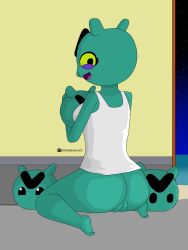 alien alien_girl alien_humanoid alone anthro ass ass beach black_eyes brawl_stars brawler dark_green_skin eve_(brawl_stars) exibitionism fanart girl happy innocent little_girl night no_panties pussy slendyeevee supercell waifu water