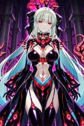 ai_generated bangs bow castle cold_expression columns corruption crown dress eyes fate/grand_order fate_(series) french_braid garter_straps gloves large_breasts long_hair morgan_le_fay_(fate) red_eyes sidelocks tentacle thick_thighs thighhighs valkris9 white_hair womb_tattoo