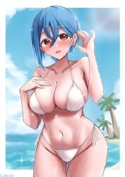 armpit_crease ass_visible_through_thighs bare_arms bare_belly bare_legs bare_shoulders bare_thighs beach belly_button bikini blue_hair blush breasts cleavage collarbone earrings groin huge_breasts love_live! love_live!_superstar!! medium_hair orange_eyes outdoors parted_lips rikka006 side-tie_bikini_bottom sideboob smile string_bikini thick_thighs thighs tucking_hair wakana_shiki wet_body white_bikini