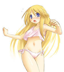 anime_style armpits blonde_hair blue_eyes blush crop_top female female_only front_view human kasuga_yukihito midriff open_mouth panties pink_panties pointy_chin side-tie_panties solo standing surprised tank_top underwear very_long_hair yggdra_union yggdra_yuril_artwaltz