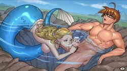 1boy abs ahoge ass blonde_hair blowjob blue_eyes blue_sky breasts brown_eyes brown_hair cg completely_nude cum cum_in_mouth day earrings fellatio female glasses hair_ornament hentai_heroes hero_(hentai_heroes) jewelry kinkoid lamia large_breasts long_hair male_pubic_hair melusine_(hentai_heroes) mermaid monster_girl muscular nipples nude official_art open_mouth oral outdoors parody partially_submerged penis pointy_ears pubic_hair rock short_hair sky straight uncensored water