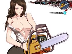 1girls asian asian_female belt blush bracelet breasts brown_eyes brown_hair capcom chainsaw cleavage dead_rising dead_rising_2 dress_shirt female female_only jewelry large_breasts long_hair miniskirt open_clothes open_shirt pointy_chin rebecca_chang red_ghost_(artist) shirt skirt solo uncensored white_shirt