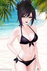 1girls akenosenpaii background bare_shoulders beach beach_background belly belly_button bikini bikini_bottom bikini_top black_hair black_nail_polish collar collarbone female goth goth_girl high_resolution highres league_of_legends looking_at_viewer ocean pale_skin riot_games riven sand wet wet_skin yellow_eyes