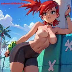 ai_generated aiwaifudesings beach bike_shorts breasts cartoon_network choker ear_piercing female foster's_home_for_imaginary_friends frankie_foster green_eyes nipples open_mouth patreon_username red_hair side_ponytail topless