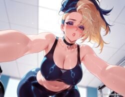 ai_generated akali akali_jhomen_tethi balecxi black_choker black_hair black_sports_bra blonde_hair blue_eyes blush cleavage female from_below indoors k/da_(league_of_legends) large_breasts league_of_legends looking_at_viewer makeup multicolored_hair navel parted_lips patreon_username solo sports_bra stomach sweat tight_clothes tight_pants