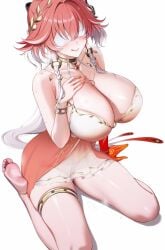 :q ateoyh barefoot bikini bikini_top_only blush body_markings braid breasts breath changli_(wuthering_waves) closed_mouth collarbone colored_extremities commentary covered_navel facing_viewer feet female hair_extensions hand_on_own_chest head_wreath highres huge_breasts jewelry multicolored_hair pink_hair pussy red_hands ring_hair_extensions simple_background sitting smile soles solo swimsuit thighlet toes tongue tongue_out twin_braids two-tone_hair uncensored wariza white_background white_bikini white_blindfold white_hair wuthering_waves