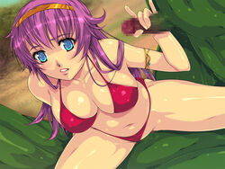 athena_(series) athena_asamiya bikini blue_eyes breasts censored female hairband handjob human king_of_fighters large_breasts long_hair male navel penis princess_athena purple_hair sex shiny_skin straight swimsuit yoko_jyusuke