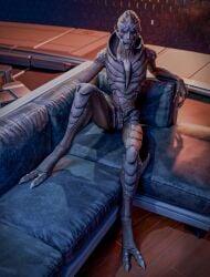 3d_(artwork) alien beepyromancer bioware blue_pussy blue_tongue bodypaint claws clitoris digital_media_(artwork) electronic_arts face_paint female furniture genitals green_eyes hi_res humanoid_genitalia humanoid_pussy inside licking licking_lips looking_at_viewer mass_effect mass_effect_andromeda nude on_sofa pinup pose pussy reclining sofa solo tongue tongue_out turian vetra_nyx