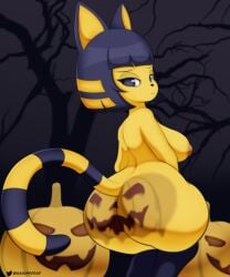 animal_crossing ankha ankha_(animal_crossing) anthro anthro_female ass ass big_ass big_butt boobs_out breasts breasts breasts breasts_out cat_ears cat_girl cat_humanoid cat_tail catgirl feline halloween halloween_decoration halloween_pumpkin hips hips_wider_than_shoulders looking_at_viewer looking_back madmanart tits_out wide_hips yellow_body yellow_skin