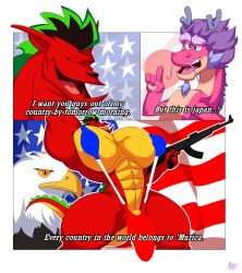 2025 2boys 2d 2d_(artwork) abs accipitrid accipitriform american_dragon:_jake_long anthro anthro_only asian asian_male avian bald_eagle bara barely_clothed big_muscles big_pecs big_penis bird blue_goatee blue_hair blue_horns blue_mankini blue_whiskers bobthetanuki bodybuilder buff butt_from_the_front claws comic country_mankini crossover curvy daddy dialogue digital_drawing_(artwork) digital_media_(artwork) dot_eyes dragon dragon_humanoid eagle eastern_dragon eight_pack english_text extrasizedbob facial_hair firearm flag french_flag furry gay goatee green_highlights grin grinning gun hair half-closed_eyes holding_gun holding_object horns humanoid hyper hyper_muscles hyper_pecs jake_long japan_flag long_(wish_dragon) low-angle_view male male_breasts male_focus male_only mankini meme moobs multicolored_body multicolored_fur multicolored_hair multicolored_scales muscular muscular_male mythological_creature mythological_scalie navel netflix nipple_outline nipples no_humans non-human pecs penis penis_exposed_on_mankini penis_outline penis_peek pink_body pink_fur pink_scales pose posing purple_hair red_body red_mankini red_scales rifle scales scalie scalie_humanoid smile smiling tail thick_thighs thighs thong tongue twitter_link two_tone_body two_tone_fur two_tone_hair underwear whiskers white_mankini wide_hips wish_dragon yellow_countershading