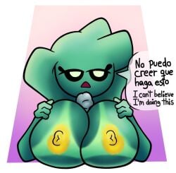 1boy 1boy1girl 1female 1girls 2d 2d_(artwork) 2d_artwork areolae big_breasts brazilian brazilian_female breast_focus breasts breasts_bigger_than_head breasts_out cock dialogue disinterested dismissive dismissive_look doesn't_care english_text female green_body green_breasts green_hair green_skin grey_penis holding holding_breast huge_breasts large_breasts looking_to_the_side male nipples no_pupils not_impressed paizuri penis point_of_view pov spanish_text talking talking_to_self tan-skinned_female tan_body tan_skin tanline tanned text text_bubble titjob tits_out top_heavy vhrox2 vhroxy_(character) white_eyes yellow_areola yellow_nipples