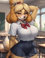 ai_assisted ai_generated animal_crossing animal_nose anthro armpit blush body body_fur canine classroom close_up cute detailed facing_viewer female fluffy fur furry girl holdsteady hourglass_figure isabelle_(animal_crossing) large_breasts looking_at_viewer naked patreon patreon_username paws seductive seductive_pose snout standing student tagme tail topknot tuft voluptuous