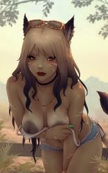 1girls 2025 accidental_exposure animal_ears aqua_nails arm_between_legs arm_markings blurry_background bra_down bracelet breasts brown_hair cat_ears cat_tail catgirl choker covering_self cutoffs dark-skinned_female dark_areola dark_hair dark_nipples dark_skin day denim_shorts eyeliner eyeshadow eyewear_on_head facial_mark female female_focus female_only final_fantasy final_fantasy_xiv freckles grey_eyes hi_res hotpants jewelry large_areolae large_breasts leaning_forward light_blush light_hair long_hair long_nails looking_at_viewer makeup medium_breasts miqo'te nail_polish navel navel_piercing nipple_piercing nipples one_breast_out original_character outdoors piercing piercings pubic_hair_peek red_lips red_lipstick sagging_breasts short_shorts slit_pupils soranamae square_enix swept_bangs tail two_tone_hair warrior_of_light_(ff14) whisker_markings