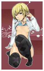 argyle_legwear blonde_hair bottomless breasts clothing convenient_censoring convenient_leg cross futaba_kon highres ishikana jewelry kon_futaba necklace open_clothes open_shirt shirt shirt_lift short_hair small_breasts soredemo_machi_wa_mawatteiru thighhighs