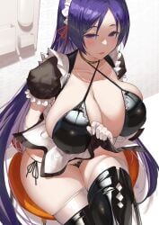 1girls 2022 breasts cleavage fate/grand_order fate_(series) female female_only huge_breasts indoors lipstick long_hair looking_at_viewer maid maid_bikini maid_headdress maid_outfit maid_uniform mature_female milf minamoto_no_raikou_(fate/grand_order) pale-skinned_female pale_skin purple_hair short_skirt side-tie_bikini sitting skindentation skirt smile thick_thighs thighhighs thighs uo_denim