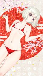 1girls bare_legs blush bra cherry_blossoms eyebrows_visible_through_hair female female_only flower hataraki_kuma looking_at_viewer navel open_mouth original original_character red_bra red_underwear short_hair solo solo_female thighs underwear white_hair