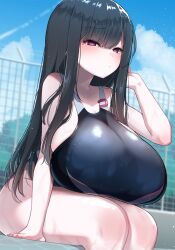 akitokage bangs black_hair blue_sky blunt_bangs blush breasts competition_swimsuit eyebrows_visible_through_hair female gate gigantic_breasts hairclip_removed highres long_hair looking_at_viewer nozomi_(akitokage01) one-piece_swimsuit original poolside purple_eyes sitting sky solo swimsuit wet wet_clothes wet_hair wet_swimsuit