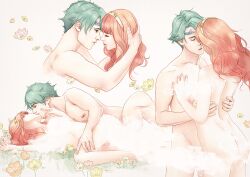 1boy 1boy1girl 1girls albein_alm_rudolf_ii alm_(fire_emblem) ambiguous_penetration anthiese_lima bad_censor canon_couple celica_(fire_emblem) censored covering eldervi fire_emblem fire_emblem_echoes:_shadows_of_valentia fire_emblem_gaiden flowers hair_ornament kissing nude_female nude_male