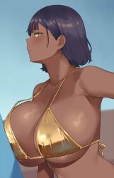 1girls 2022 bikini breasts brown_skin cleavage dark-skinned_female dark_skin female female_only gold_bikini golden_bikini highlow huge_breasts looking_at_viewer naughty_face original original_character outdoors purple_hair short_hair side_glance smile suggestive_look yellow_eyes