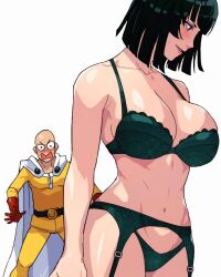 1boy 1girls armpits artist_request bald bald_man belly belly_button big_breasts blush bob_cut bra breast_press breasts cape curvy curvy_female curvy_figure dark_green_hair dark_hair dat_ass facing_away female fringe fubuki_(one-punch_man) garter_belt garter_straps green_bra green_eyes green_garter_belt green_garter_straps green_hair green_lingerie green_thong hips light-skinned_female light_skin lingerie lips lipstick male medium_hair midriff one-punch_man pale-skinned_female petite red_gloves saitama shocked short_hair simple_background smile smiling stomach superhero superheroine surprised thick_thighs thighs underwear waist white_background white_cape wide_hips yellow_pants yellow_shirt