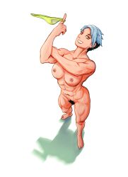 abs blue_hair commission completely_nude female gigglemesh green_panties highres muscular muscular_female nude original panties pubic_hair self_upload short_hair tomboy underwear undressing yellow_eyes