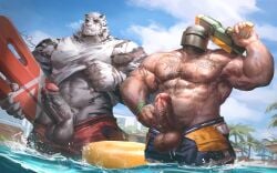 2boys abs absurdres alternate_costume animal_ears arknights bara barazoku blue_male_swimwear bulge chest_tattoo clothes_lift commission crossover erection feet_out_of_frame furry furry_male gay gun helmet highres holding holding_gun holding_surfboard holding_weapon large_hands large_pectorals large_testicles lindong looking_at_viewer male male_focus male_only male_pubic_hair male_swimwear male_swimwear_aside mature_male mountain_(arknights) muscular_male navel nipples no_male_underwear over_shoulder pectorals pubic_hair rainbow_six rainbow_six_siege red_male_swimwear scar scar_across_eye scar_on_arm scar_on_face scar_on_stomach second-party_source shirt_lift short_hair stomach surfboard swim_trunks tachanka_(rainbow_six) tank_top tattoo testicles tiger_boy tiger_ears tom_clancy topless_male uncensored wading weapon weapon_over_shoulder wet wet_clothes white_fur white_tank_top wristband yaoi