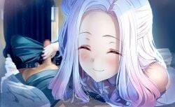 1boy blush censored cuddling_handjob erection female game_cg hakuchuumu_no_aojashin handjob jewelry lying_on_person necklace non-web_source penis pov shimofuri smile white_hair