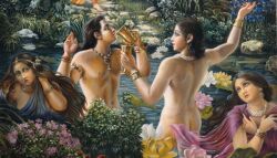 2boys abs arm_bracelets arm_up ass back_muscles back_view backside bangle bubble_ass bubble_butt gold_jewelry hands_up male male_focus male_nipples male_only muscles mythology necklace nipples nude nude_male open_mouth painting painting_(artwork) pearl_necklace pecs pond prince river royalty water