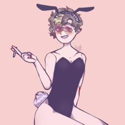 black_bunny_ears black_bunnysuit brown_hair bunny_ears bunny_tail bunnysuit cigarette curly_hair dream_smp femboy feminine_male fluffy_hair glasses man_boobs mcyt poor_quality poorly_drawn red_eyes thick_thighs white_tail wilbur_soot