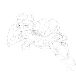 1:1 absurd_res anthro ass balls biped black_and_white bodysuit canid canine cheek_tuft claws clothing elbow_tufts eyebrows facial_tuft finger_claws fluffy fluffy_tail fur genitals hair hi_res inner_ear_fluff looking_at_viewer male mammal markings monochrome narrowed_eyes oselotti short_hair side_view signature sketch skinsuit solo striped_body striped_fur striped_markings striped_tail stripes tail_markings tight_clothing torn_clothing tuft