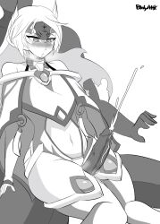 1boy 1girls arc_system_works blazblue blazblue:_continuum_shift blush bodyattk clothed clothed_female clothed_sex cum long_hair monochrome mu-12 noel_vermillion nude_male penis straight thick_thighs thigh_sex veiny_penis