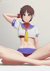 1girls abs blush brown_hair buruma capcom muscular muscular_female putcher sakura_kasugano school_uniform schoolgirl short_hair solo street_fighter tomboy very_short_hair